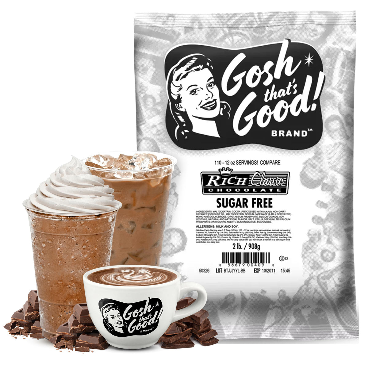 Gosh That’s Good! sugar-free chocolate bottle adding rich flavor to beverages.