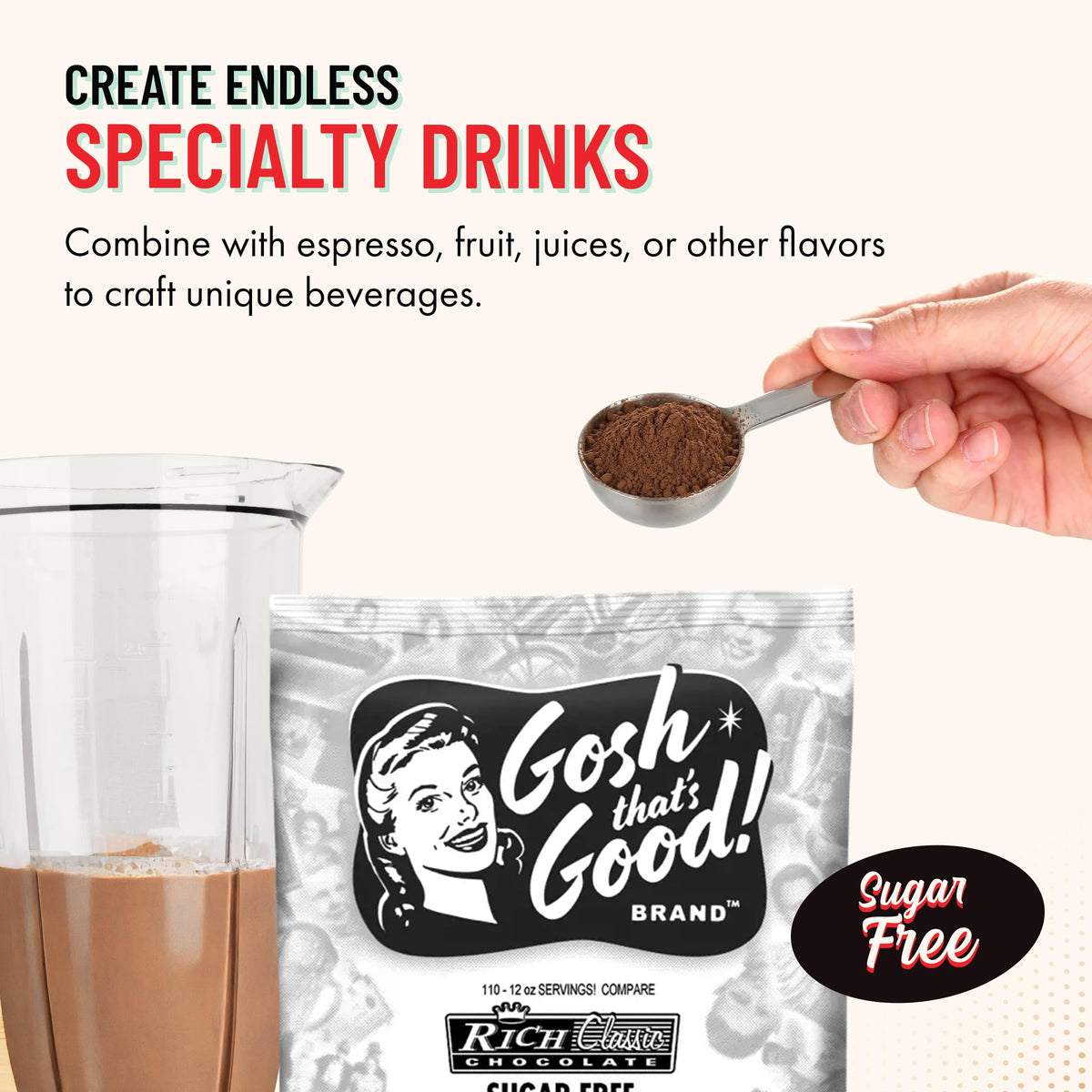 Gosh That’s Good! chocolate in-cup setup with velvety notes for beverages.