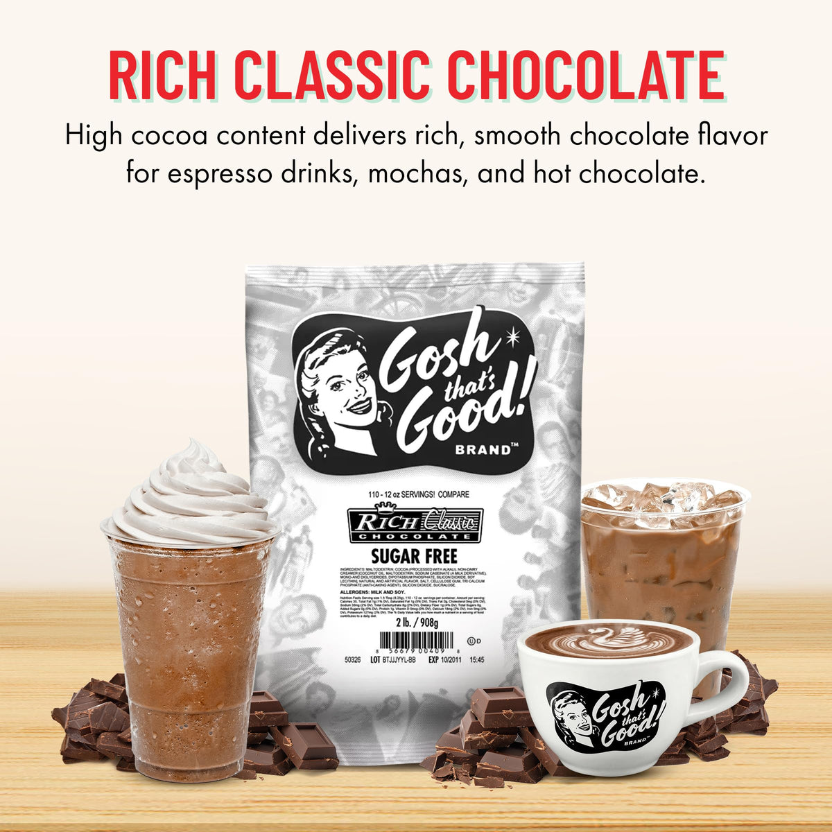 Gosh That’s Good! sugar-free chocolate pour showing quick flavor boost for drinks.