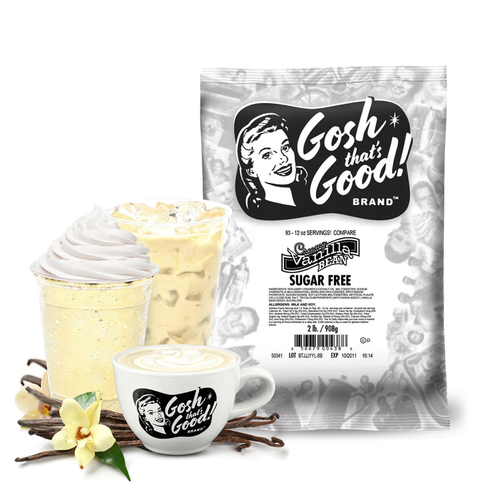 Gosh That’s Good sugar-free vanilla bean 2lb bag label great for home coffee use.