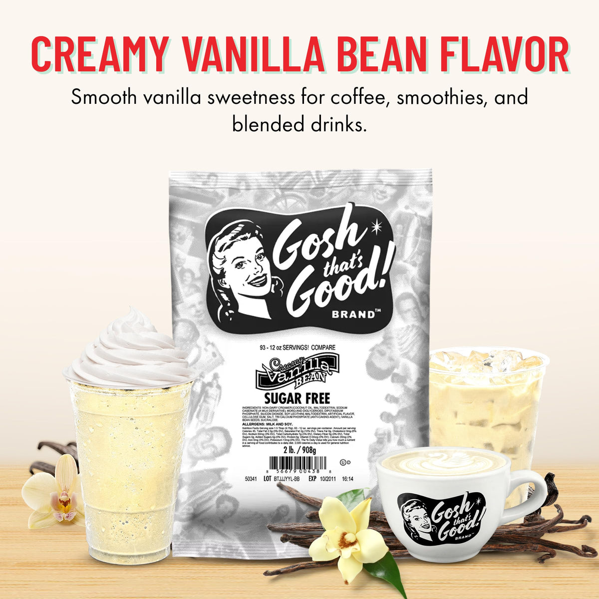 Gosh That’s Good sugar-free vanilla bean bottle pour highlighting easy flavoring for beverages at home.