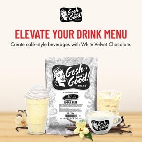 Gosh That's Good! White Velvet Chocolate 2lb latte-art-ready powder enhances beverages.