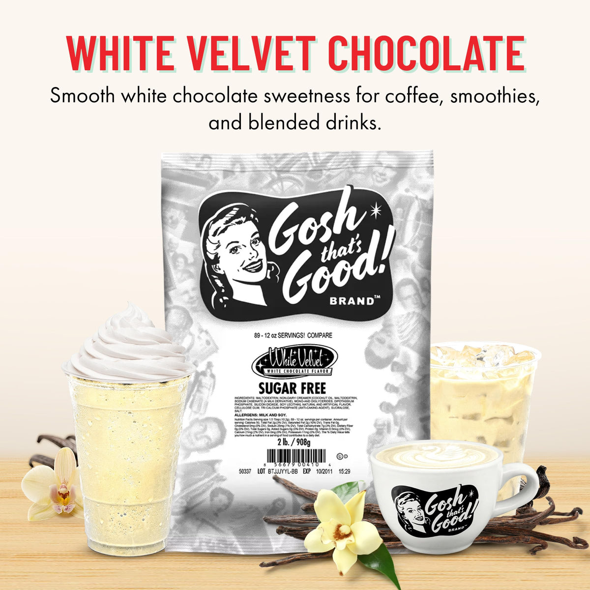 Gosh That's Good! White Velvet Chocolate 2lb scoop-dispense for portion control and convenience.