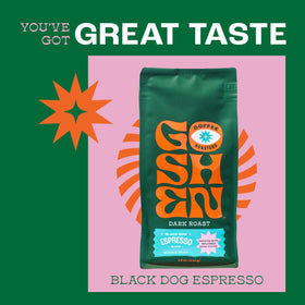 Goshen Black Dog Espresso Blend bag resting on kitchen counter.
