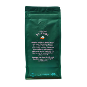 Close-up of Goshen Black Dog Espresso Blend beans highlighting the dark roast.