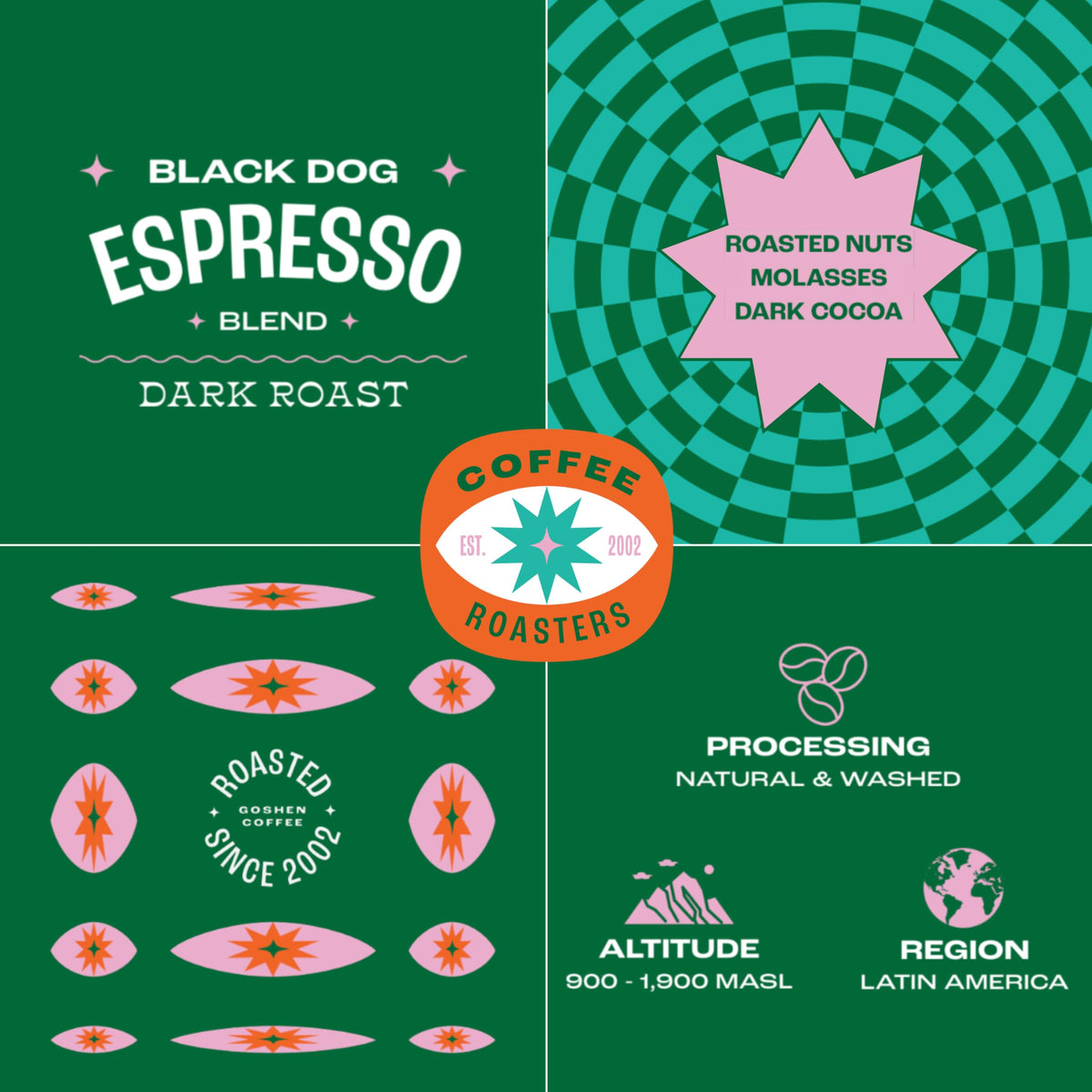 Goshen Black Dog Espresso Blend bag back showing roasting and sourcing details.