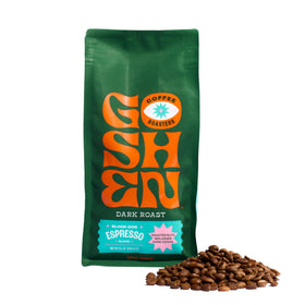 Goshen Black Dog Espresso Blend bag front with premium whole beans ready for brewing.