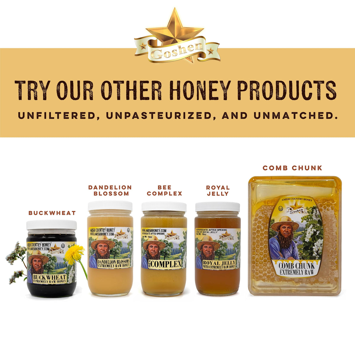 Goshen Honey 16oz glass jar showcases premium packaging and easy storage.