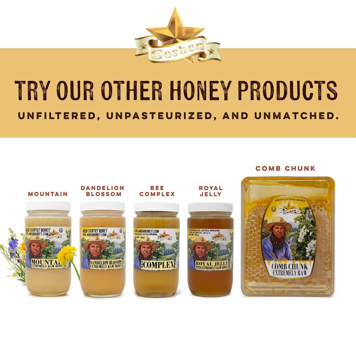 Goshen Honey 454g jar for pantry use and easy storage.