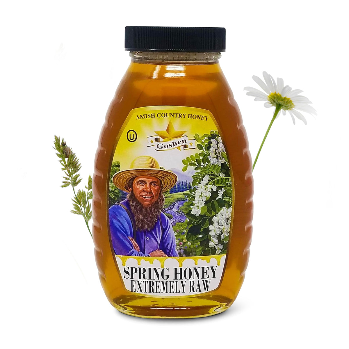 Goshen Honey bottle pouring amber honey, ideal for tea and baking