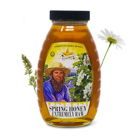 Goshen Honey bottle pouring amber honey, ideal for tea and baking