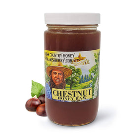 Goshen Honey Chestnut Honey jar front label showing pure, raw quality for tea lovers.