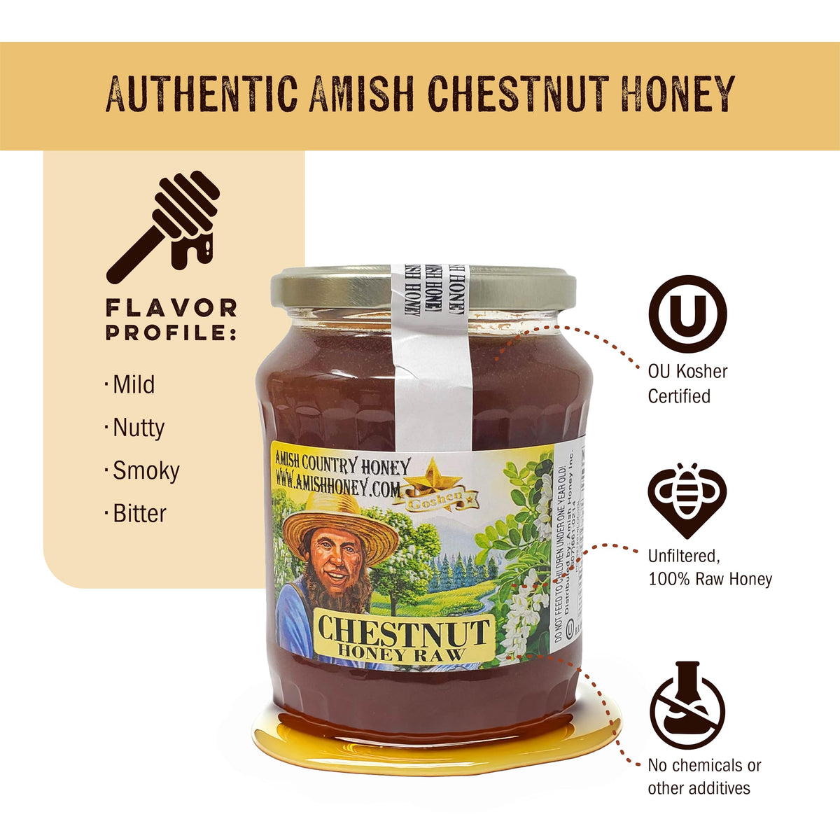 Goshen Honey chestnut honey jar front showing natural color and unfiltered texture