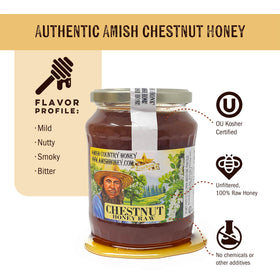 Goshen Honey chestnut honey jar front showing natural color and unfiltered texture