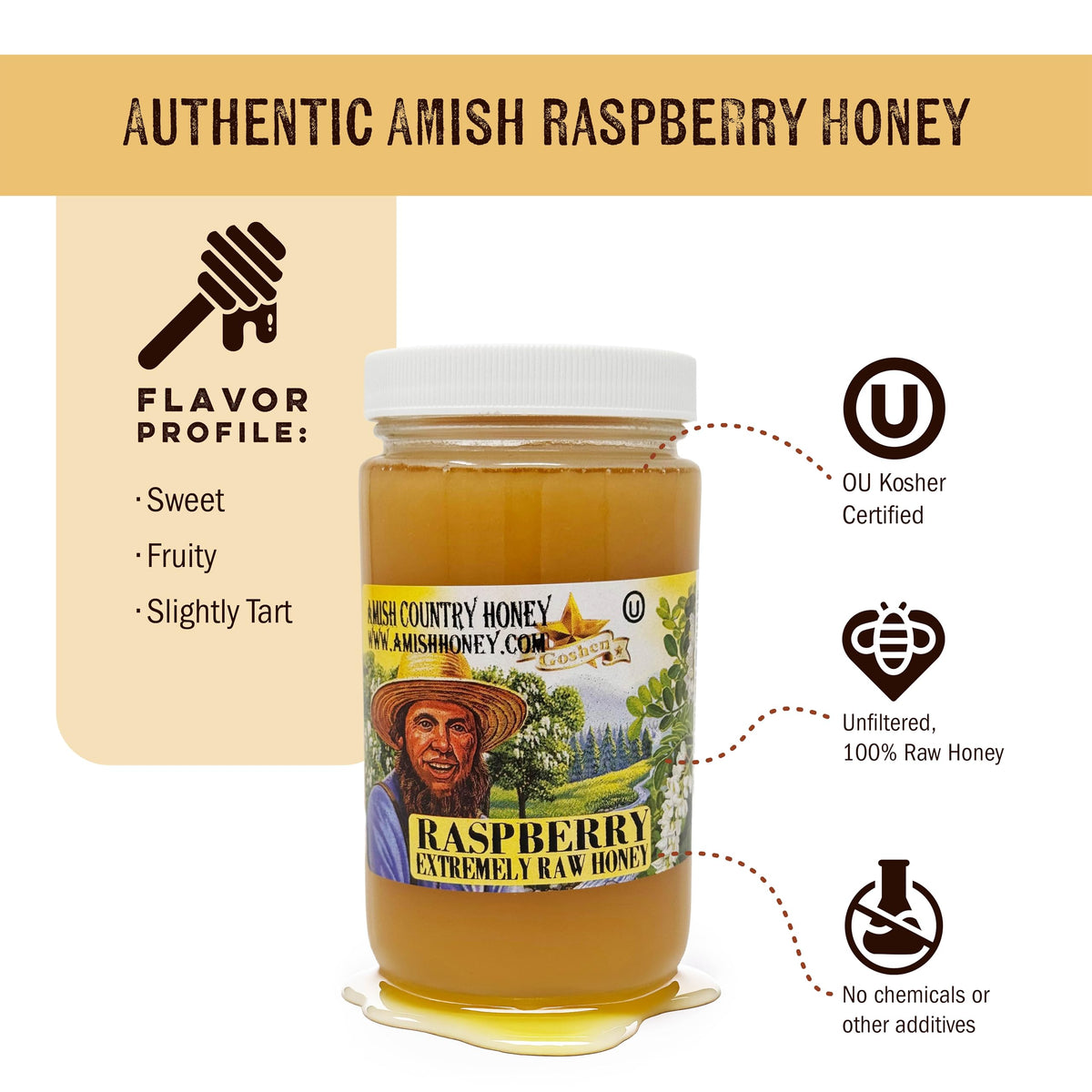 Goshen Honey Raspberry Blossom close-up highlighting unfiltered sweetness for recipes.