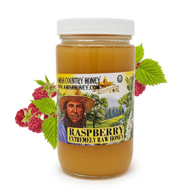 Goshen Honey Raspberry Blossom honey jar with rich color for tea and baking.