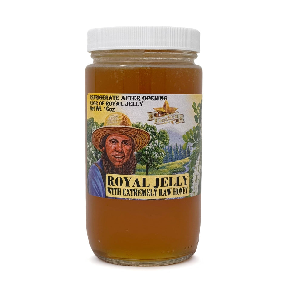 Goshen Honey raw royal jelly bottle pour highlighting premium energy and natural sweetness.