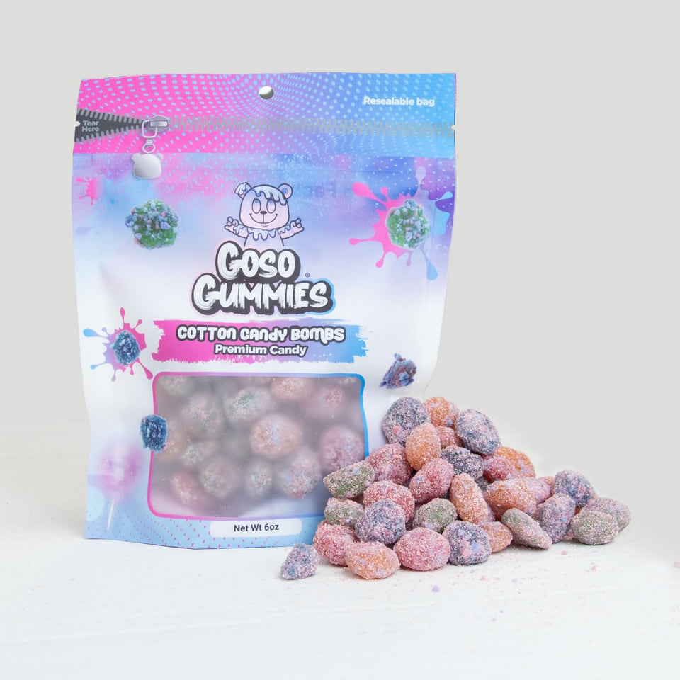 Goso Gummies Cotton Candy Bombs packaging showcases vibrant colors for share-worthy snacking.