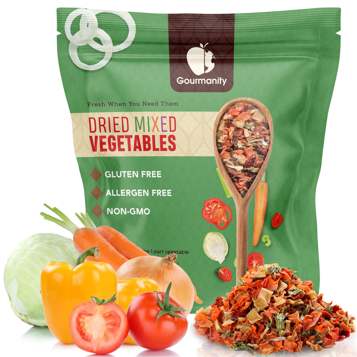 Gourmanity 5lb vegetable soup blend in a resealable bag for easy pantry storage.