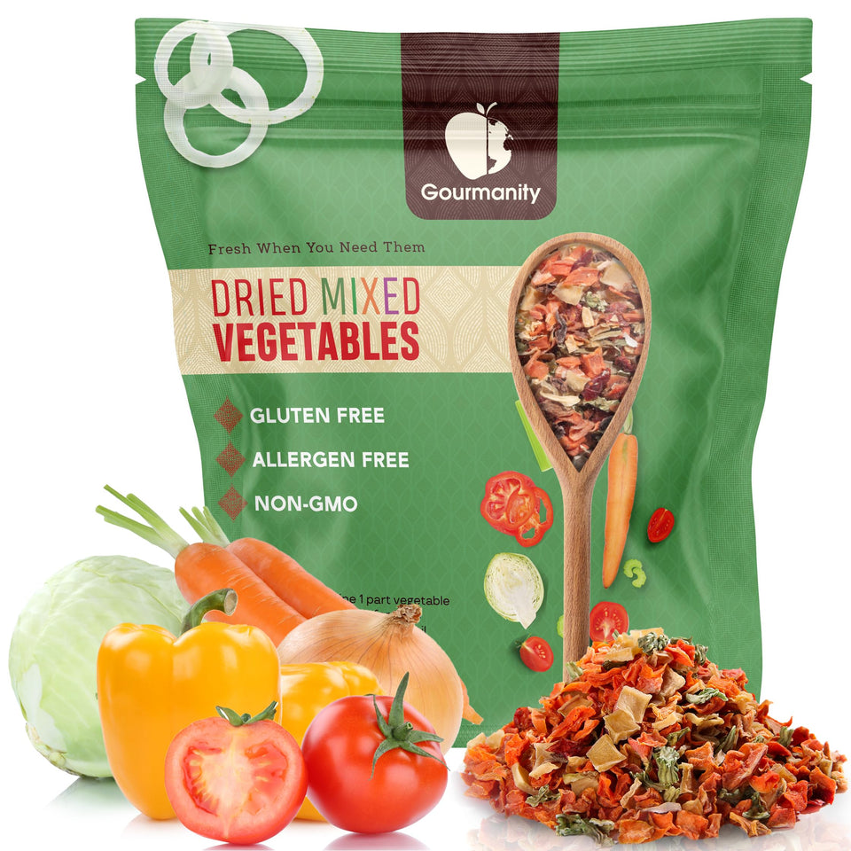 Gourmanity 5lb vegetable soup blend in a resealable bag for easy pantry storage.