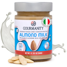 Gourmanity Almond Milk Concentrate bottle on shelf, ready for on-demand almond milk at home.