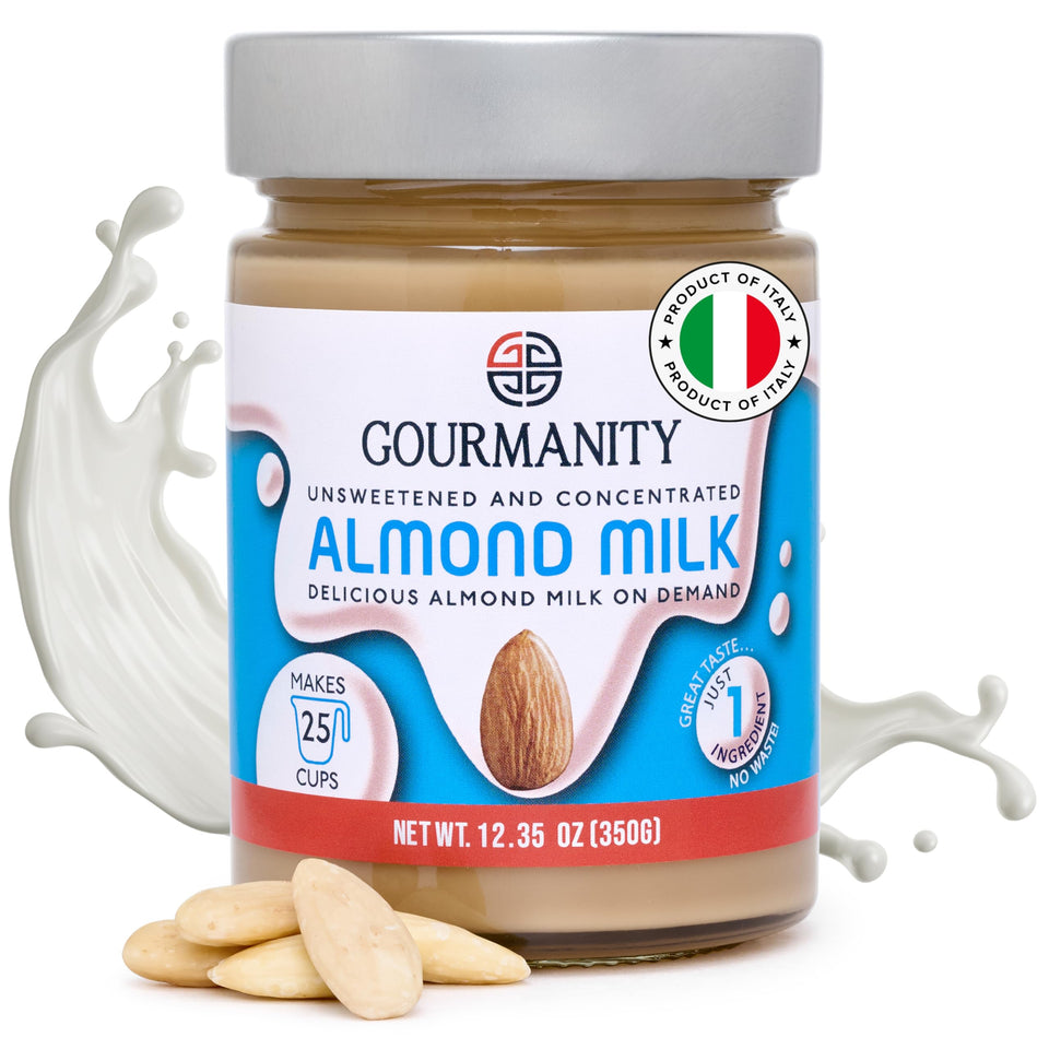 Gourmanity Almond Milk Concentrate bottle on shelf, ready for on-demand almond milk at home.