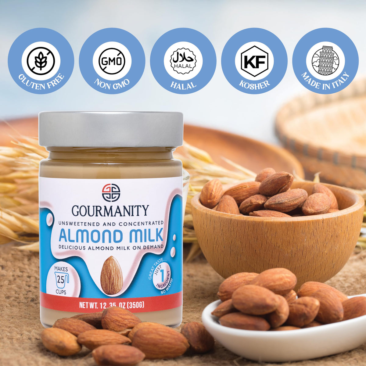 Gourmanity Almond Milk Concentrate in a coffee cup for a smooth, creamy beverage.