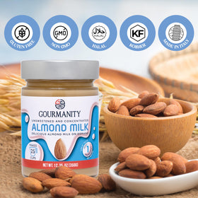 Gourmanity Almond Milk Concentrate in a coffee cup for a smooth, creamy beverage.