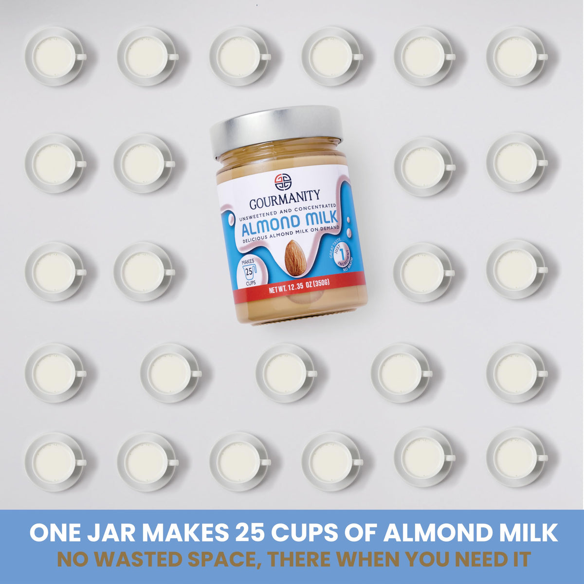 Gourmanity ingredients label close-up, emphasizing 100% blanched almonds.