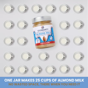Gourmanity ingredients label close-up, emphasizing 100% blanched almonds.