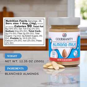 Gourmanity Almond Milk Concentrate measuring spoon showing quick, customizable strength.