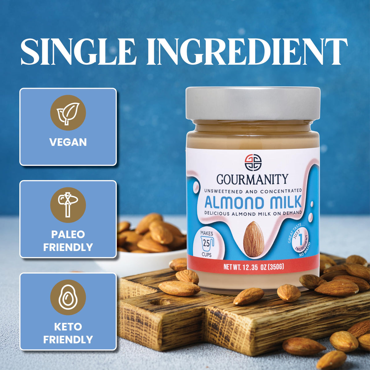 Gourmanity Almond Milk Concentrate with a smoothie glass for versatile mix.