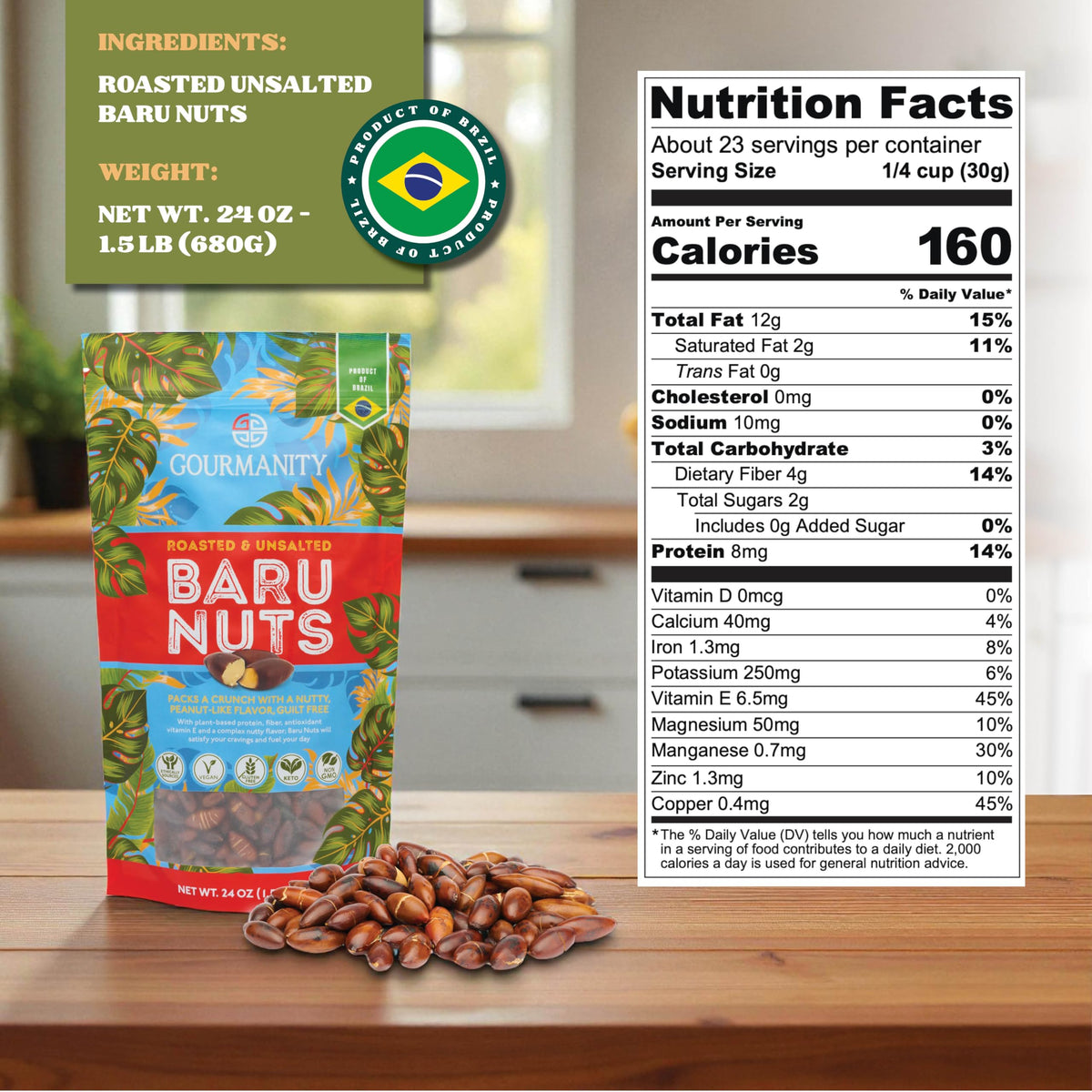 Gourmanity Baru Nuts in hand, high protein snack for active days.