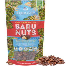Gourmanity Baru Nuts bag close-up, roasted and unsalted for clean snacking.