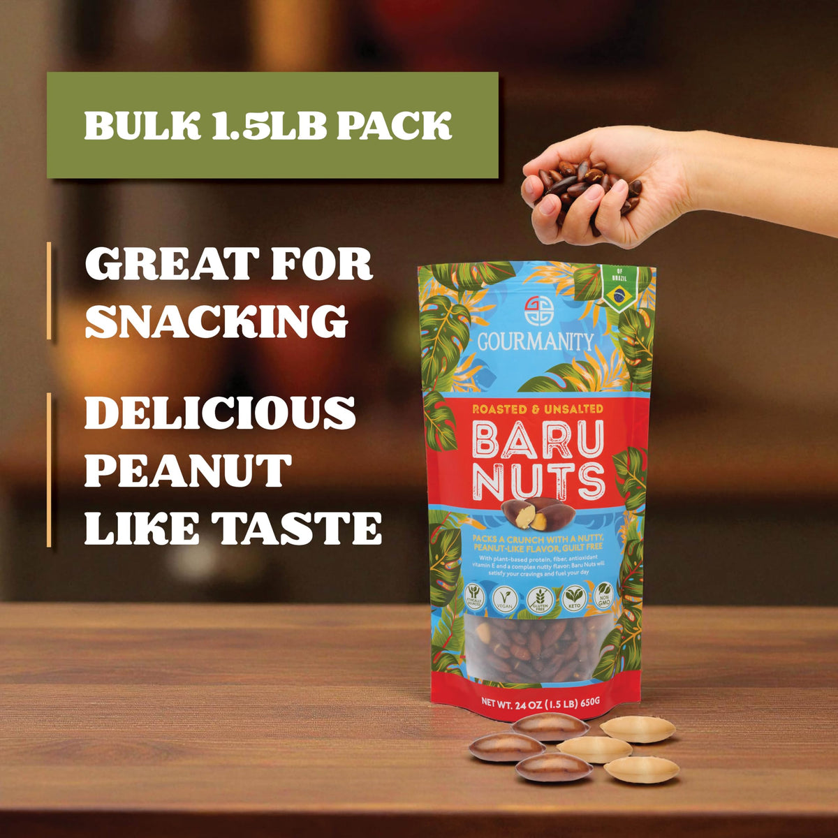Gourmanity Baru Nuts in smoothie, protein-rich addition.