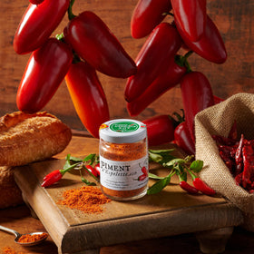 Gourmanity Basque cuisine spice setup shows ready-to-use Espelette pepper powder.