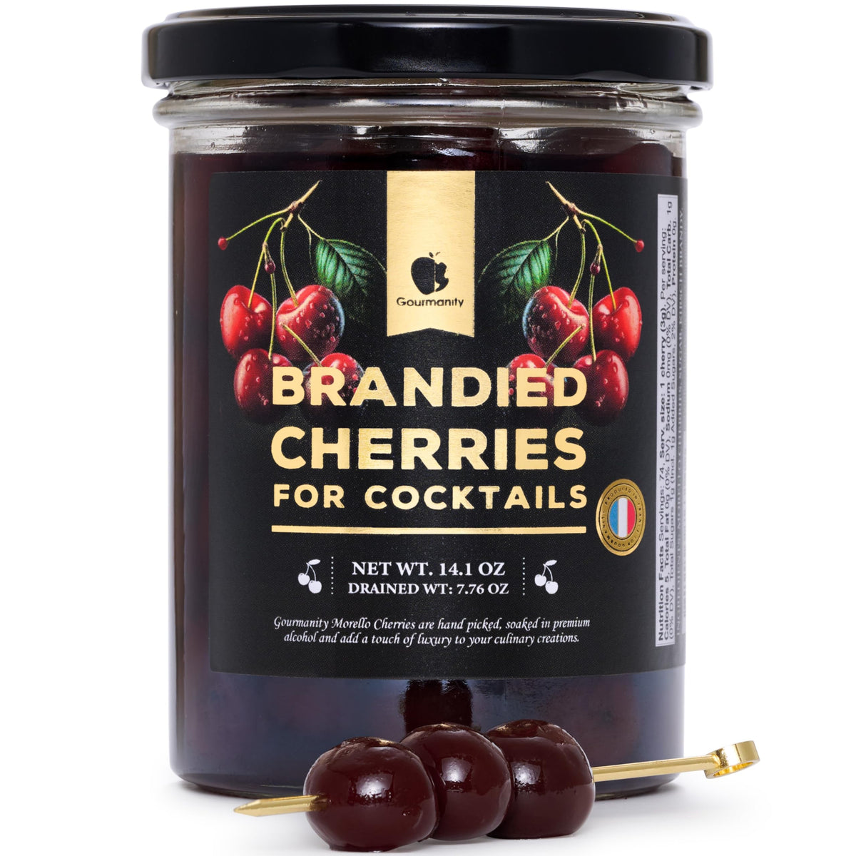 Gourmanity Brandied Cherries in Kirsch bottle adds depth to cocktails.