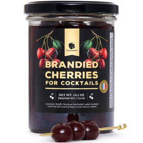 Gourmanity Brandied Cherries in Kirsch bottle adds depth to cocktails.
