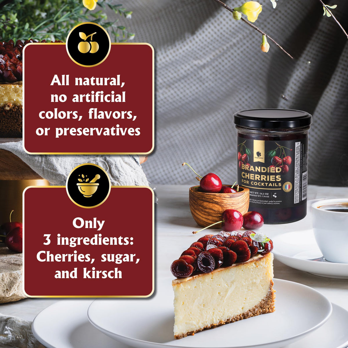 Gourmanity Brandied Cherries pitted and macerated in Kirsch offer versatile use.