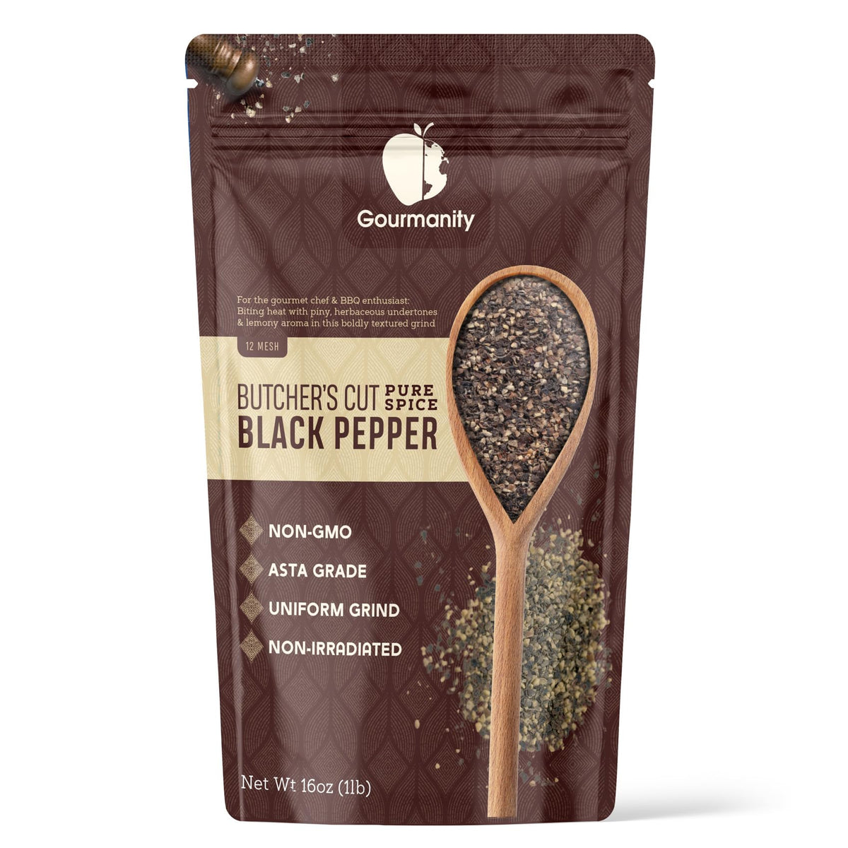 Gourmanity Butcher's Cut coarse grind pepper for bold rubs and grilling.