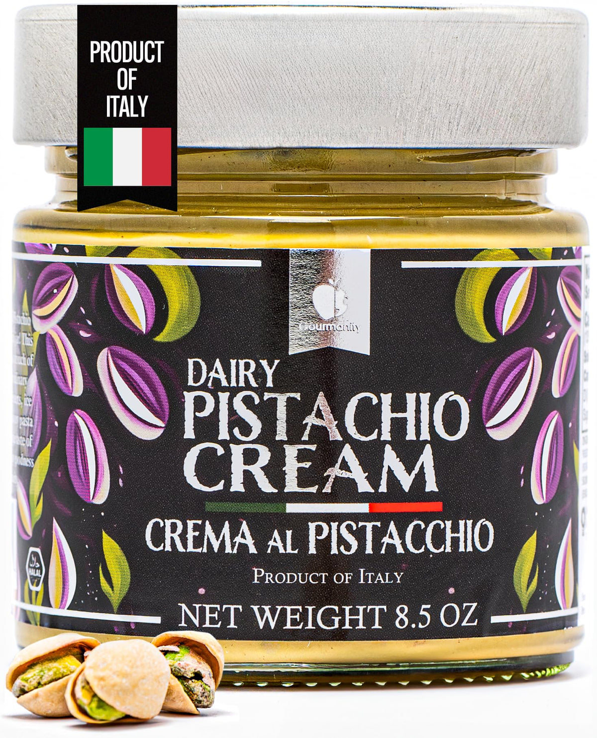 Gourmanity Pistachio Cream Jar on counter, silky spread for desserts and baking