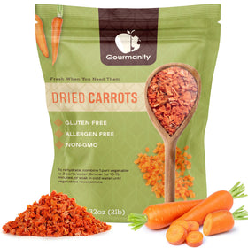 Gourmanity dried carrots in a 32oz bag front, a convenient pantry staple for soups.