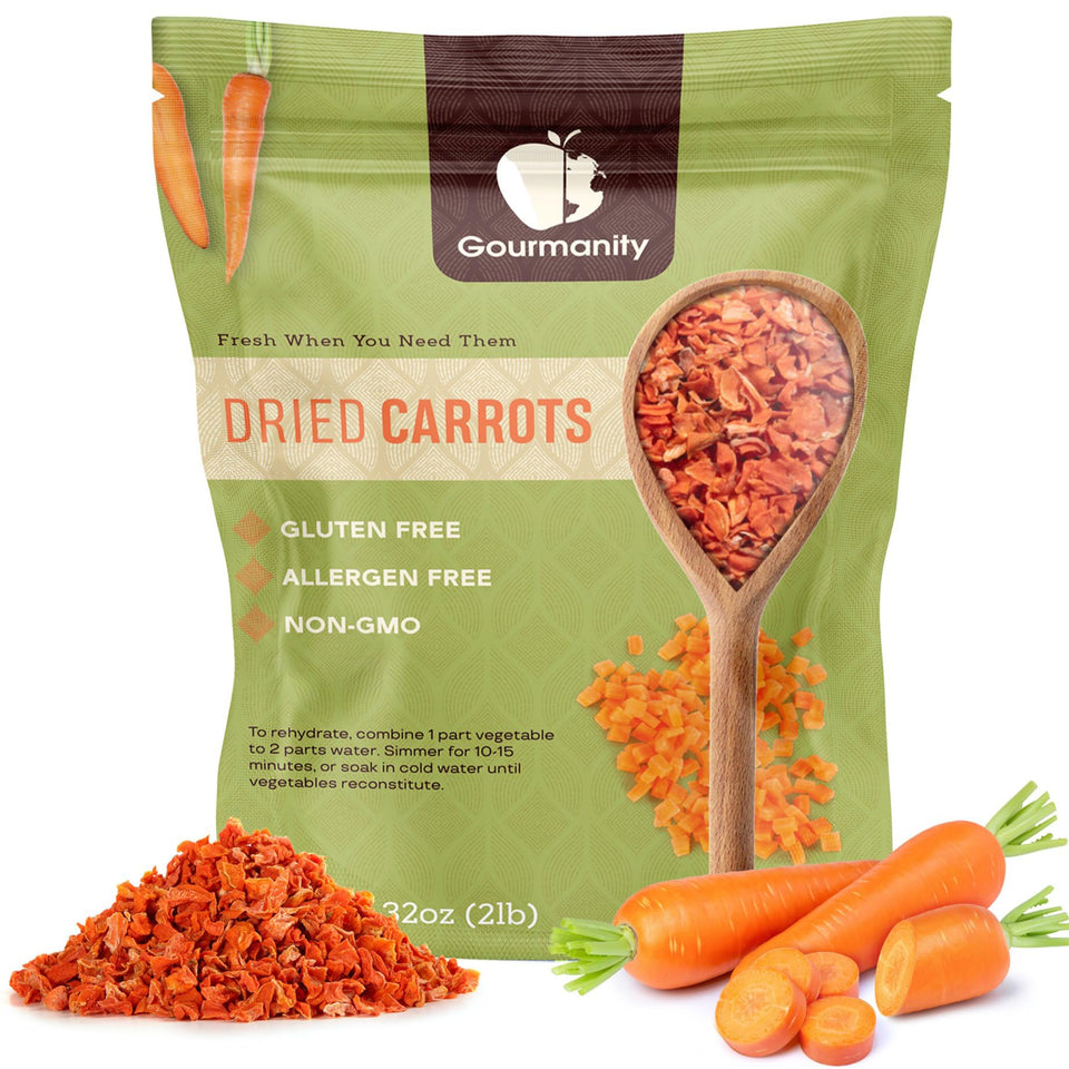 Gourmanity dried carrots in a 32oz bag front, a convenient pantry staple for soups.