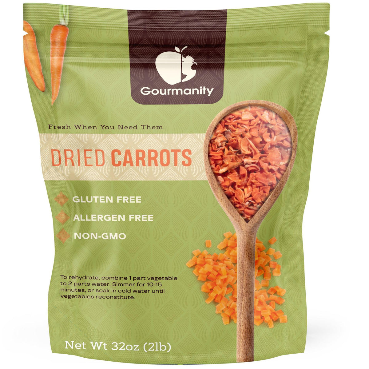 Gourmanity dried carrots stored on a pantry shelf, ready for quick meals.
