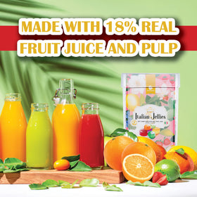 Gourmanity jelly candy with 18% real fruit juice emphasizes natural flavor.