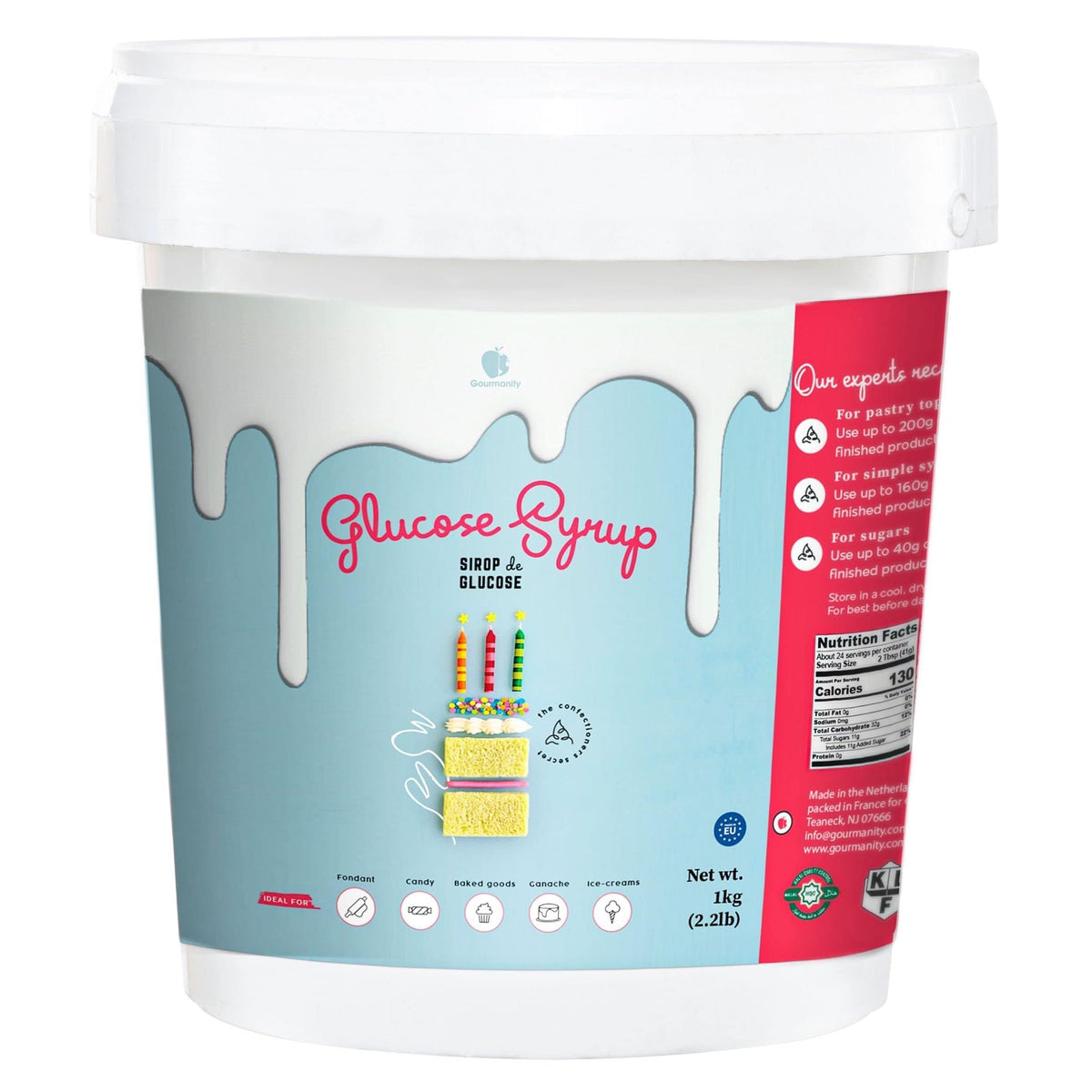 Gourmanity glucose syrup tub on kitchen counter for baking and texture consistency.