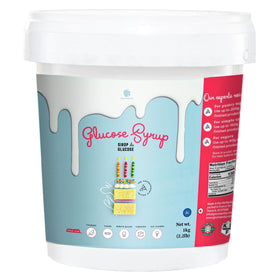 Gourmanity glucose syrup tub on kitchen counter for baking and texture consistency.