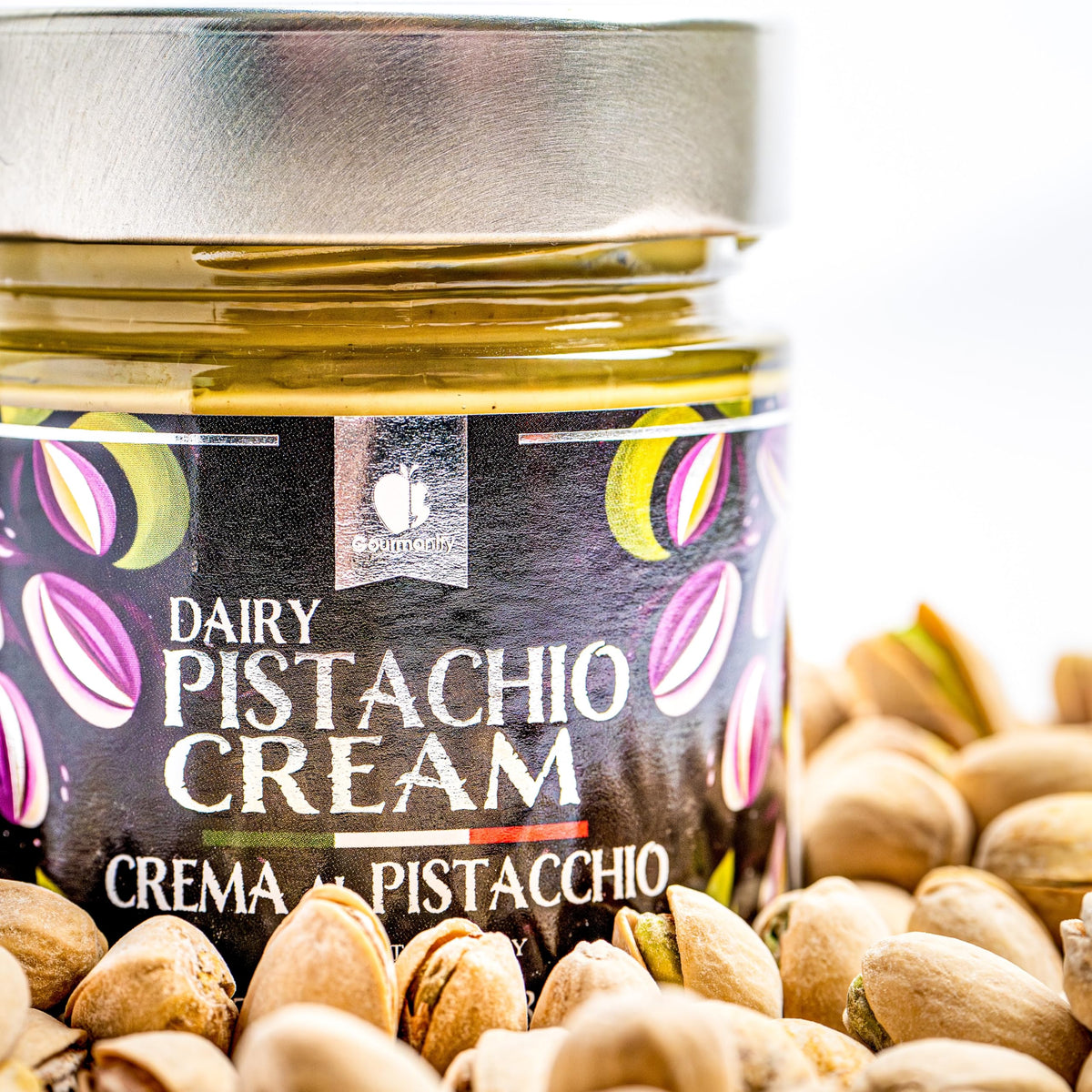 Halal-certified Gourmanity pistachio cream label on jar