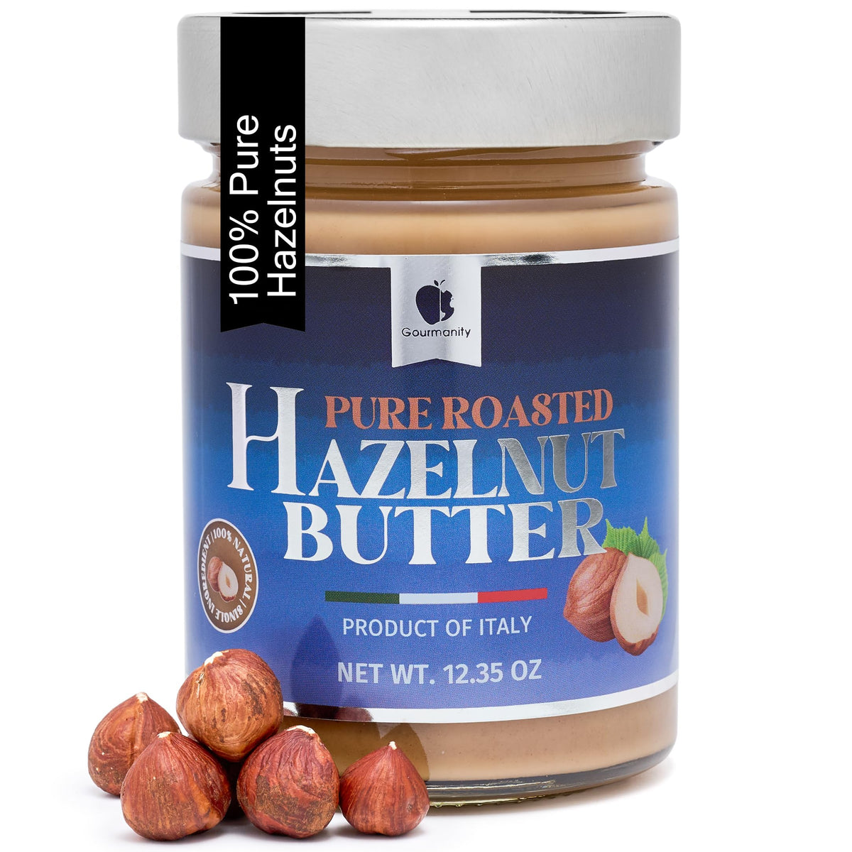 Gourmanity hazelnut butter jar close-up shows pure ingredients for a creamy dairy-free spread