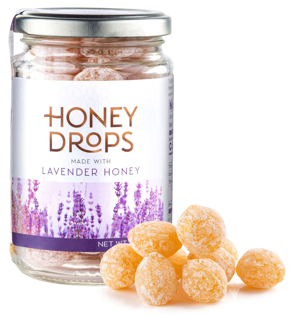 Gourmanity Honey Drops lavender center in a jar, delicate and flavorful